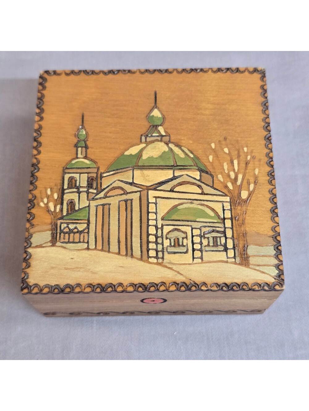 Soviet Vintage Wood Burned Box Hand Painted Russian Orthodox Church Trinket Box